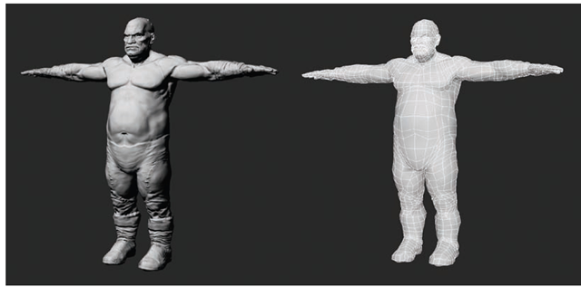 This character is rendered with a normal map. This mapping method gives the low-polygon mesh seen on the left the appearance of high-frequency details, as shown on the right. 