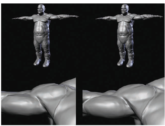 The model on the left is normal mapped whereas the right is displaced. Note the visible polygon facets on the silhouette of the normal mapped model (especially in the shoulder) and how the details do not translate into the silhouette. 