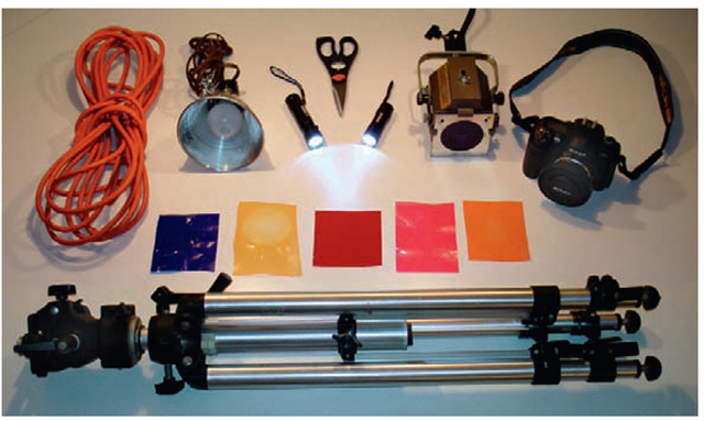 Tools required to light paint—camera, tripod, lights (LED, etc.)-and colored gels
