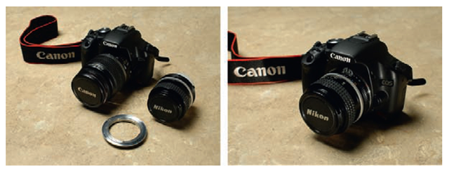 a lens adapter (Nikon lens/Canon camera). 