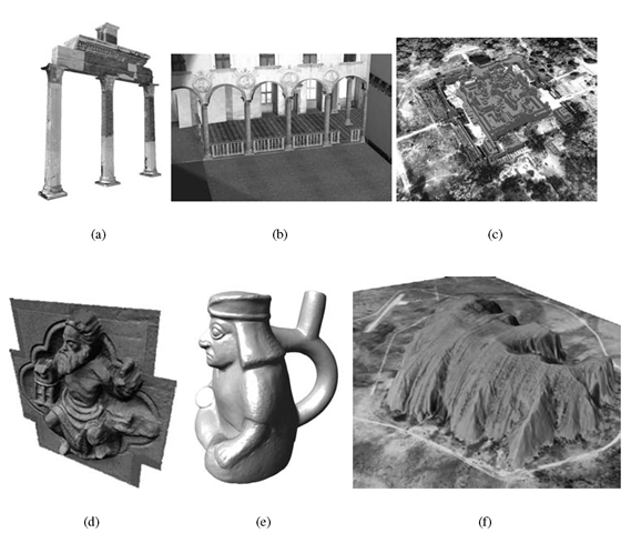 3D models derived from aerial or terrestrial images and achieved with interactive measurements (a, b, c) or automated procedures (d, e, f).