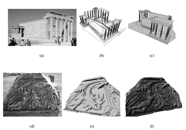 An architectural object (a) which can be digitally reconstructed with sparse point cloud and few triangular patches (b,c) [8]. A detailed bass-relief (d) which needs an automated surface measurement procedure to derive a dense point cloud and a textured 3D model (e, f).