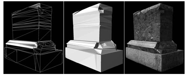 Image-based 3D model of an archaeological find obtained with interactive procedures and displayed in wireframe, shaded, and textured mode.