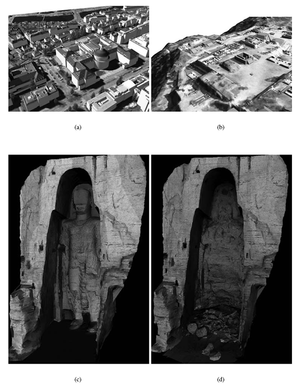 3D city model generated for urban planning (a) and archaeological 3D documentation (b) [79]. 3D model of the Great Buddha of Bamiyan (Afghanistan) (c) and its current empty niche after the destruction in 2001 [50] (d).