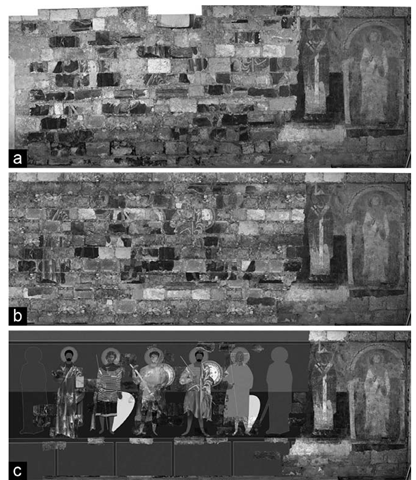 Two snapshots from a video produced by F. Gabellone (IBAM-CNR) to show the results of a virtual restoration project concerning a wrongly reconstructed wall with remains of an old fresco in St. Maria di Cerrate (Lecce, Italy); actual status is in (a); results of the virtual recomposition of the fragments in the correct position are presented in (b); final virtual restoration in (c). 