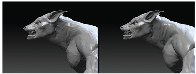 The werewolf head on the left was altered with the Move tool at level 1. Stepping up to level 3, the changes are telegraphed through each subdivision level and affect each one. 