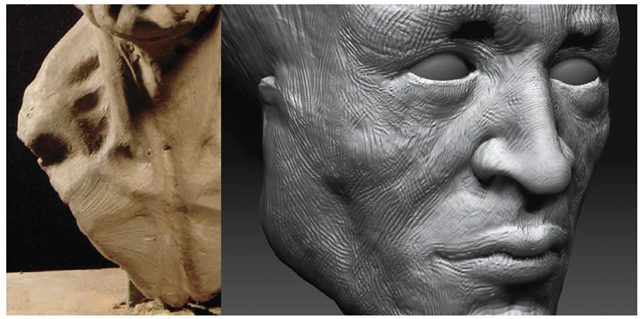 Close-up of rake strokes in water-based clay on the left and ZBrush on the right 