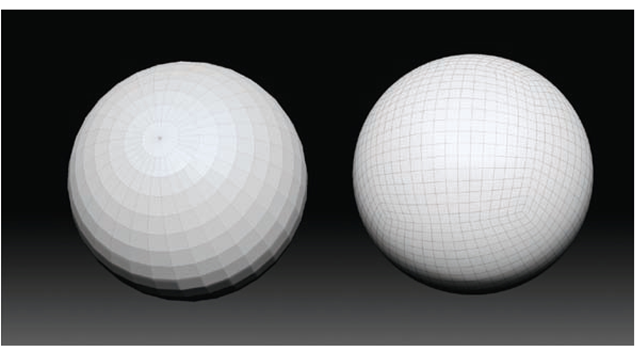  The Sphere 3D tool on the left compared to the PolySphere tool on the right. Note the lack of triangles on the polysphere. 