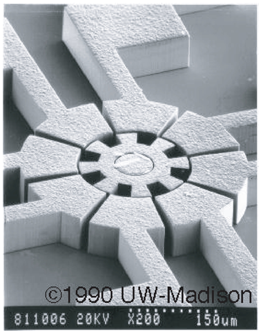 SEM image of an electrostatic micro-motor with eight rotor and 12 stator poles. 