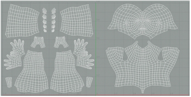 When Multiple UV Tiles Are Used, Parts of the Model May Be UV Mapped In Adjacent UV Tiles (UVs Seen In Modo). This Improves Texture Resolution and Reduces Distortions Caused by UVs of Varying Sizes. 