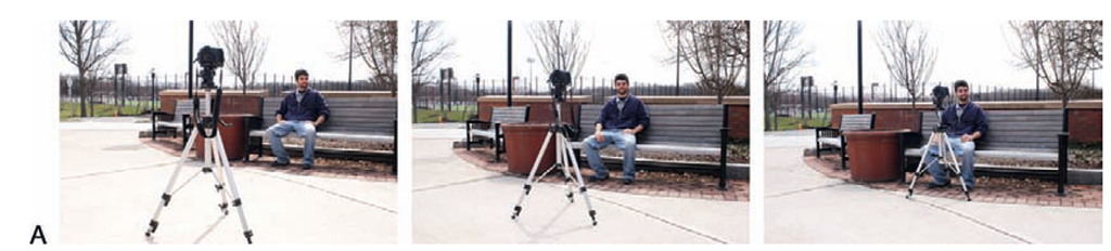 The setup for the man on the bench and the camera on a tripod.