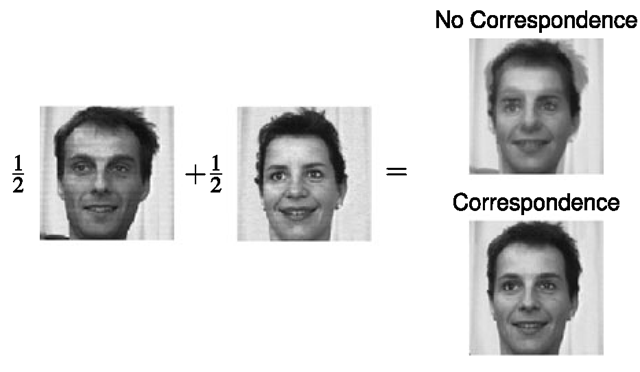 Computing the average of two face images using different image representations. No correspondence information is used (top right) and using correspondence (bottom right)