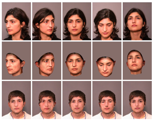 From the original images (top row), we recover the 3D shape (middle row), by SNO fitting. Mapping the texture of visible face regions on the surface and rendering it into a standard background, which is a face image we selected, produces virtual front views (bottom row). Note that the frontal-to-frontal mapping, which served as a baseline test, involves hairstyle replacement (bottom row, center)