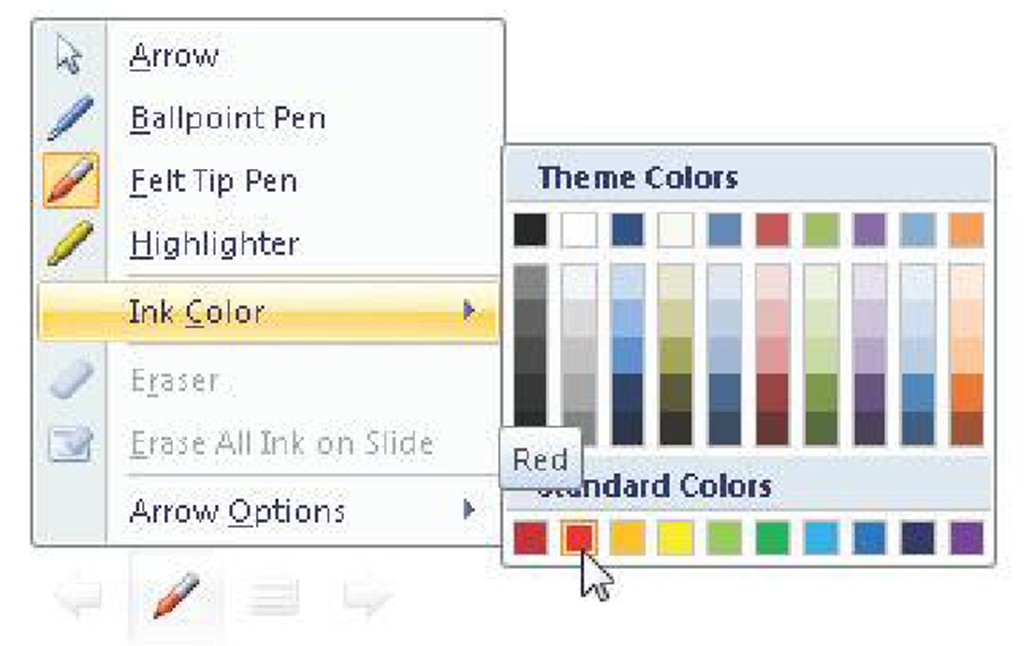 Presenter tools available in Slide Show view when you move the mouse pointer to the icons in the lower-left corner of the screen—in this example, the Felt Tip Pen tool with a red color is selected. 