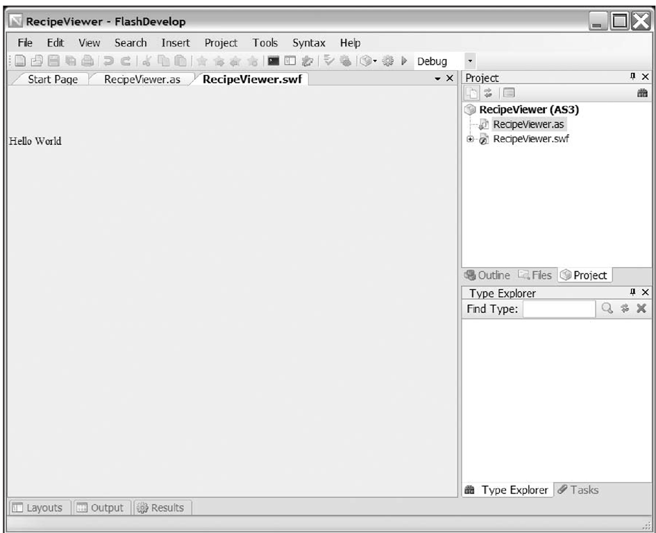 The final sample application running in FlashDevelop 