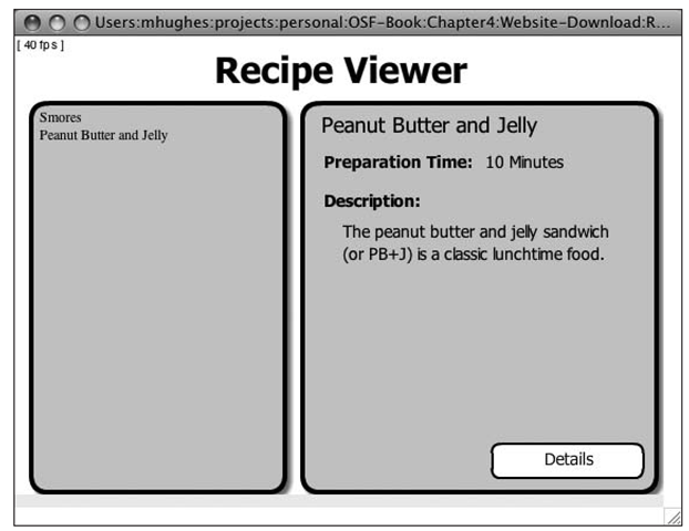 The running Recipe Viewer application after clicking the Peanut Butter and Jelly option 