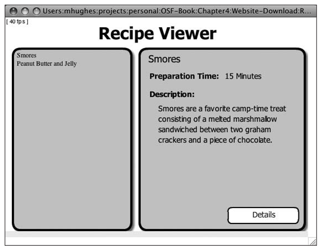 The finished Recipe Viewer application displaying the details for the Smores recipe 