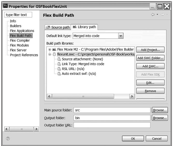 The Flex Builder project properties dialog box showing how to add flexunit.swc to your project 