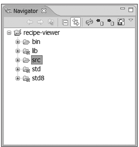 The Navigator panel from within Eclipse after creating the recipe viewer project 