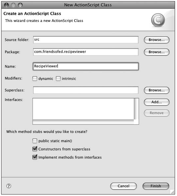 The New ActionScript Class dialog box after making the appropriate modifications for the initial class 
