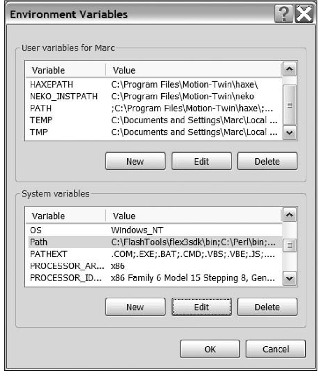 The Environment Variables dialog box on Windows XP. Notice the PATH variable has been modified to include the flex3sdk directory. 