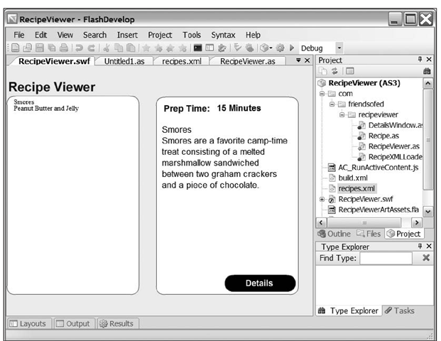 The resulting Recipe Viewer application running from inside FlashDevelop 