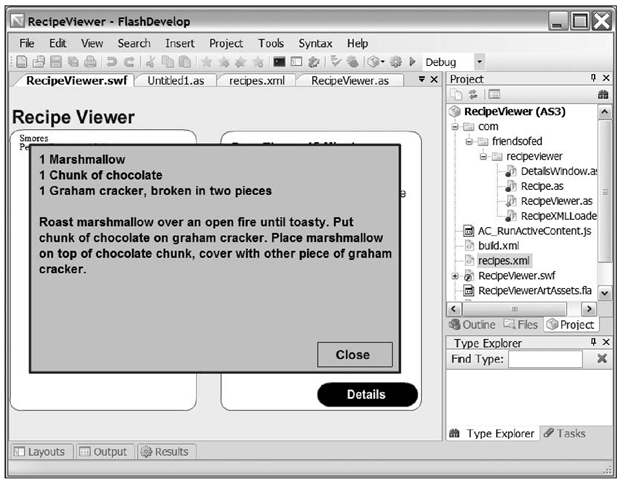 The final Recipe Viewer application running in FlashDevelop 