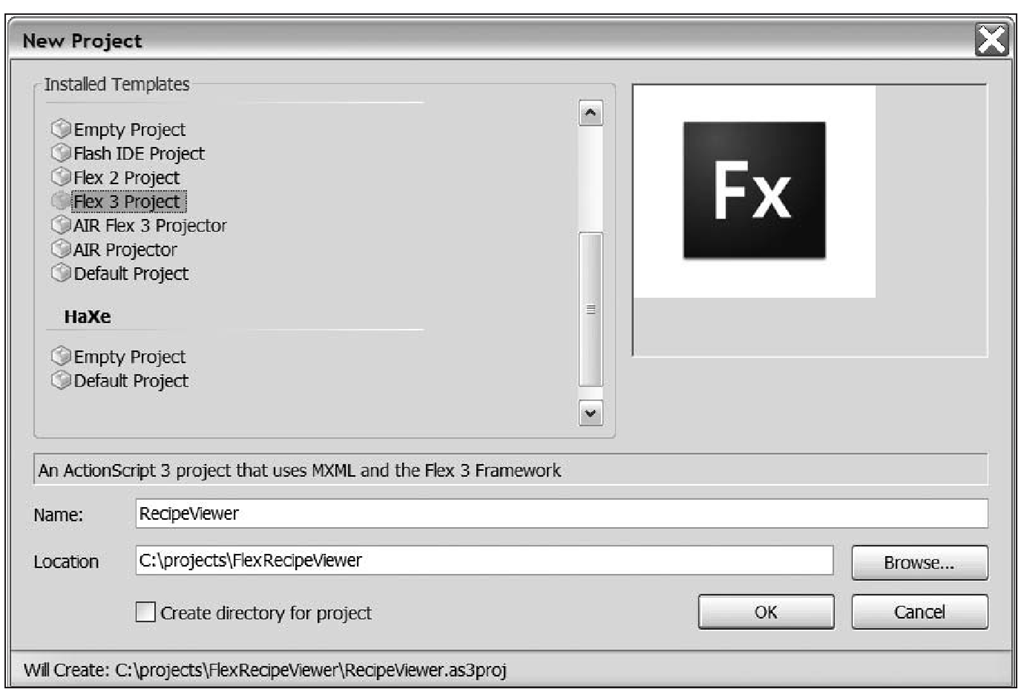 The FlashDevelop New Project dialog box 