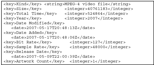 Media library metadata for a single asset (extract from Apple® iTunes® library XML format). 