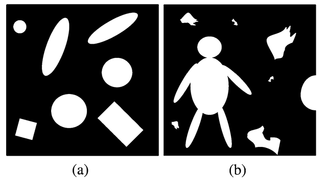  (a) A binary image containing different shapes. (b) A binary image containing a human and some noise 