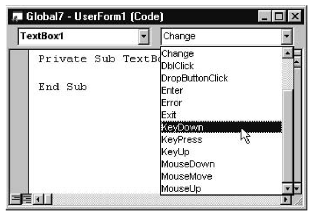 Drop-down list of procedures (events) available for the TextBox class of object 