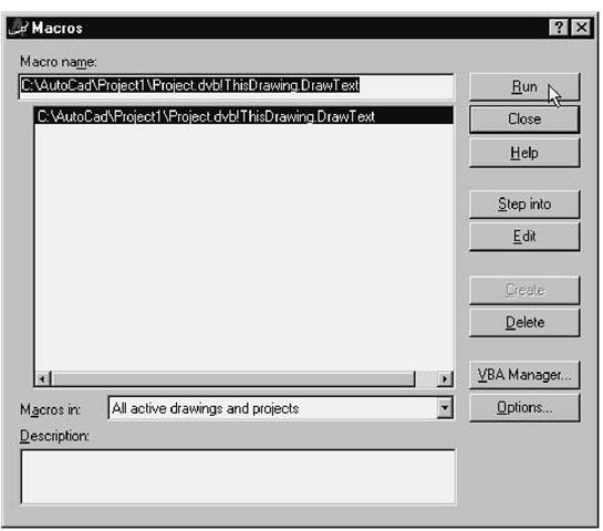 Macros dialog box listing the macro associated with the current drawing object 