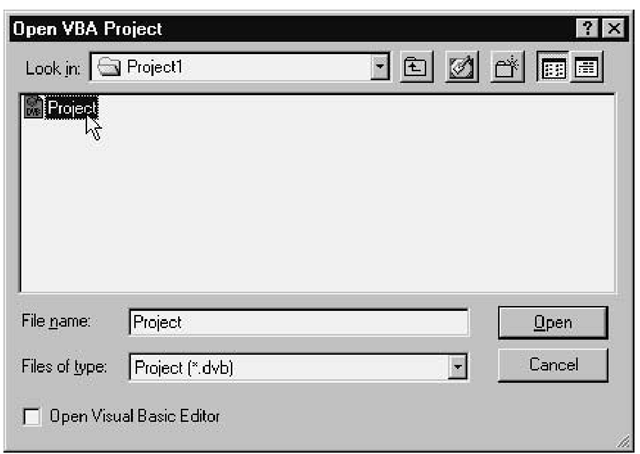 Selecting a project from the Open VBA Project dialog box 