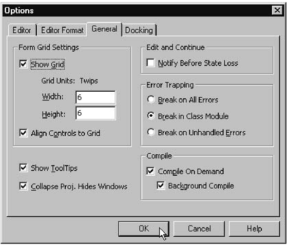 General settings in the Options dialog box 