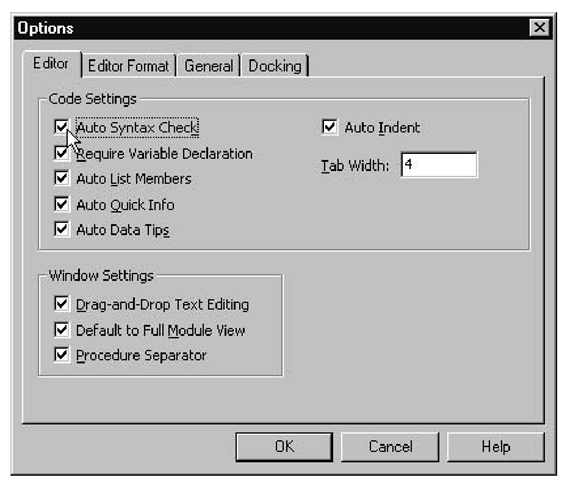  The Editor tab from Tools - Options contains the Auto Syntax Check option. 