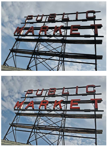 The Shadows slider in the Lighting section allowed the letters in the sign to be brightened without affecting the sky. 