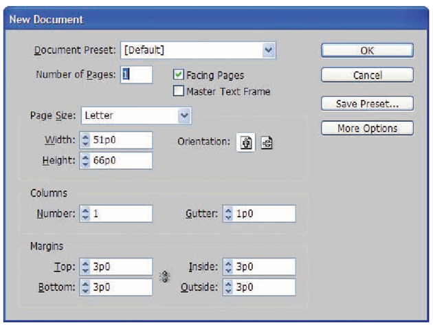 Selecting the More Options button in the InDesign New Document window will open two more default settings.