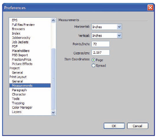 QuarkXPress preferences lets you choose the units you wish to measure with.