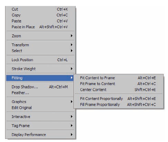 InDesign provides options for fitting images to the frame or changing the frame to the size of the image.