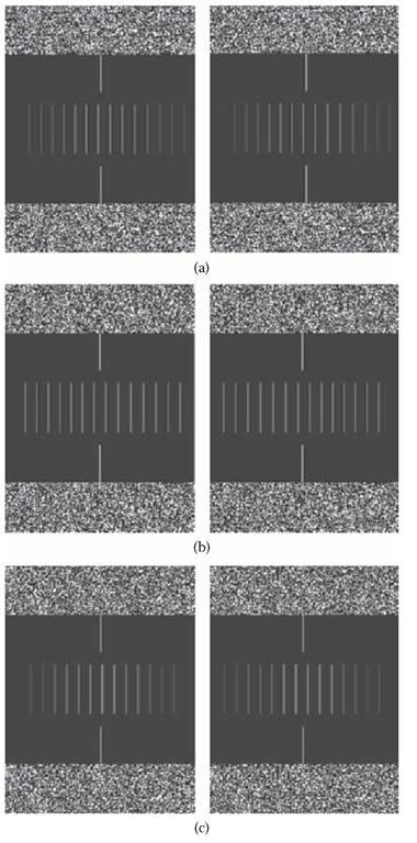 Stereograms showing examples of the sampled Gaussian profiles used in the Likova (2003) experiment, defined by (a) luminance alone, (b) disparity alone, and (c) a combination of luminance and disparity. The pairs of panels should be free-fused to obtain the stereoscopic effect. 