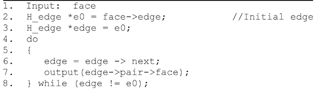 Listing 8.6 Pseudo code for finding all faces adjacent to a face 