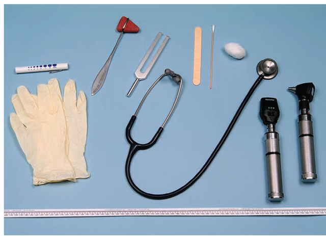  Basic equipment and supplies used for physical examination and data gathering. Left-to-right (clockwise)—gloves, penlight (with measurements for papillary size or purified protein derivative [PPD] test evaluation), percussion hammer (to test reflexes), tuning fork (to test hearing, bone conduction, sense of touch), stethoscope (for auscultation), tongue blade (for mouth examination), cotton-tipped applicator and cotton ball (various uses, such as obtaining specimens), ophthalmoscope (for eye examinations); otoscope (for ear and nose examinations), bottom: measuring tape. 