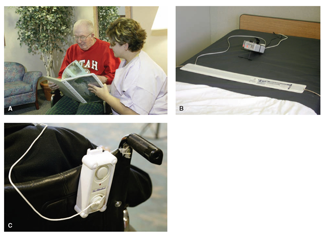 Always try to find an alternative before using a physical or chemical restraint or safety device. (A) Allow the client to sit near the nurses’ desk or provide company and diversion. A family member or volunteer may assist. (B) A pressure-sensing monitoring system is located where the client’s buttocks should be. The monitor, shown here next to the mat, is hung from the headboard or back of the wheelchair, out of the person’s reach and sight. If the person tries to get out of bed or the chair, an alarm will sound, alerting the staff that the person needs help. (C) A "wanderer” monitoring sensor is attached to the person’s wheelchair or worn around the wrist or ankle. If the client tries to go through a door leading to an unsafe area, an alarm will sound, alerting the staff. This is useful for clients who are likely to stray away, such as those with dementia.