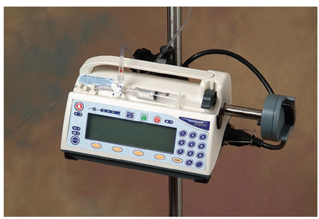 A computerized syringe-infusion pump or mini-infusion pump ("smart pump”) holds a syringe containing medication in a small amount of solution; it is connected to a primary infusion. The pump applies mechanical pressure to the plunger of the syringe, to deliver the medication; it can be programmed to repeat the same infusion at regular intervals (e.g., every 4 hours) around the clock. This pump is able to identify dosing limits and has other safeguards to protect the client.