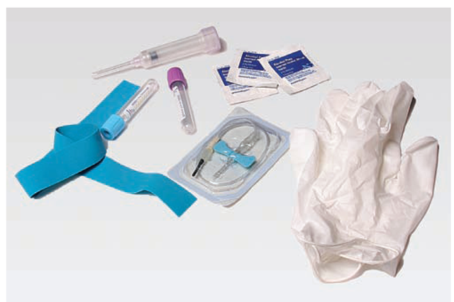 The nurse will often be expected to gather materials and equipment for venipuncture (phlebotomy). Some of the items needed to obtain a blood specimen are shown here (clockwise, from bottom left): tourniquet, Vacutainer (vacuum) blood tubes, safety syringe with needle, alcohol sponges, and gloves. Shown also is a butterfly needle pack with a needleless Vacutainer adaptor; used to puncture a Vacutainer blood tube. Also needed are 2 X 2 gauze squares and tape or a Band-Aid, identification stickers, and a red biohazard bag. A Vacutainer sleeve and/or needle system may also be used. (If the butterfly needle is used, the syringe and needle are not required.) Additional items are needed to initiate an IV infusion. 