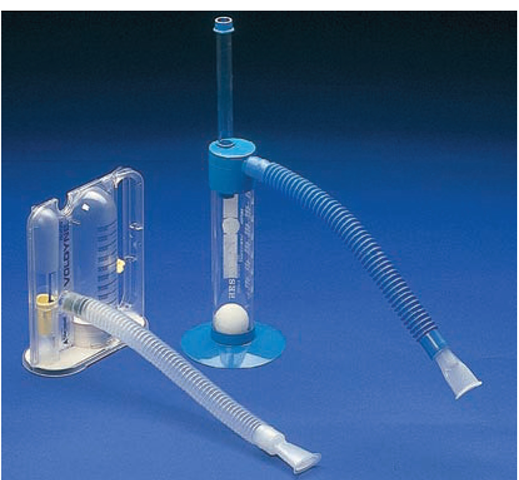 Two types of incentive spirometers with spacers and mouthpieces.