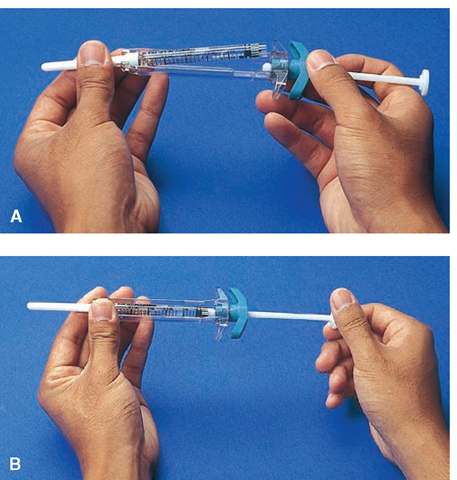 Using prefilled syringes. (A) The prefilled cartridge is inserted into the holder/injection device. (B) The plunger section is positioned over the cartridge and screwed on to tighten it. This holds the cartridge in place. The cartridge may need to be pushed firmly into place (to break its seal) before injection. The injection is then given as with any syringe. This is not a safety syringe; therefore, the needle must be protected after use (see Fig. 64-4B).