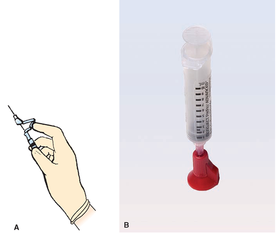 (A) Another type of safety syringe has an articulated, levered shield that is pushed over the needle after use. Because it is pushed from above, the fingers do not come in contact with the needle (Timby, 2005). (B) If a safety needle system is not available, the needle must be protected after use. One method is shown here, with the needle pushed into a protective cap (the Point-Loc device) that locks into place, making its removal impossible.