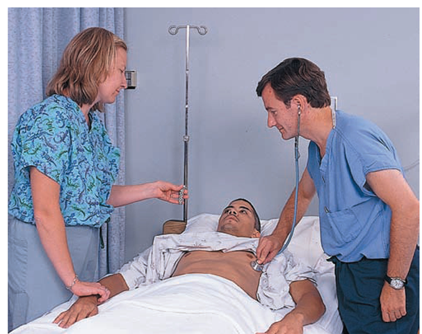 Apical -radial pulse. One nurse counts the radial pulse while the other counts the apical rate. Both use the same watch. The person counting the radial pulse calls the time. 