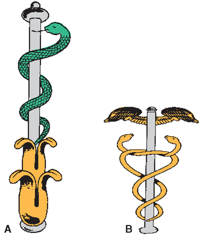  Symbols of medicine. (A) Aesculapius, a mythical Greek god of healing and son of Apollo, had many followers who used massage and exercise to treat patients. This god is also believed to have used the magical powers of a yellow, nonpoisonous serpent to lick the wounds of surgical patients. Aesculapius was often pictured holding the serpent wrapped around his staff or wand; this staff is a symbol of medicine. (B) Another medical symbol is the caduceus, the staff of the Roman god Mercury, shown as a winged staff with two serpents wrapped around it. 